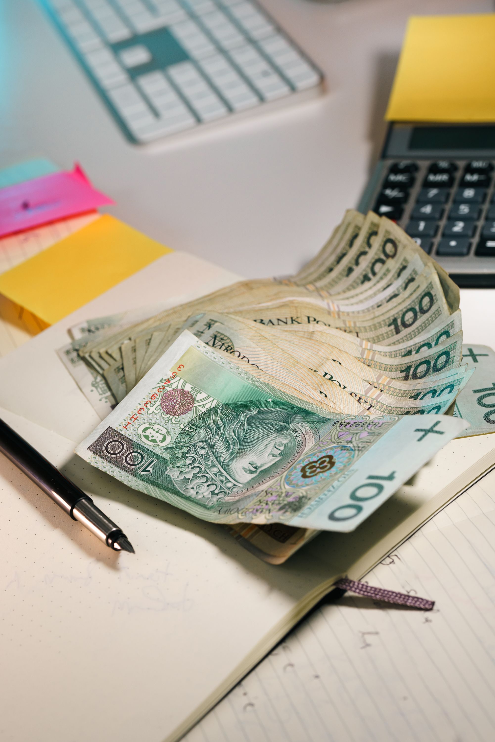 Polskie banknoty i kalkulator na biurku